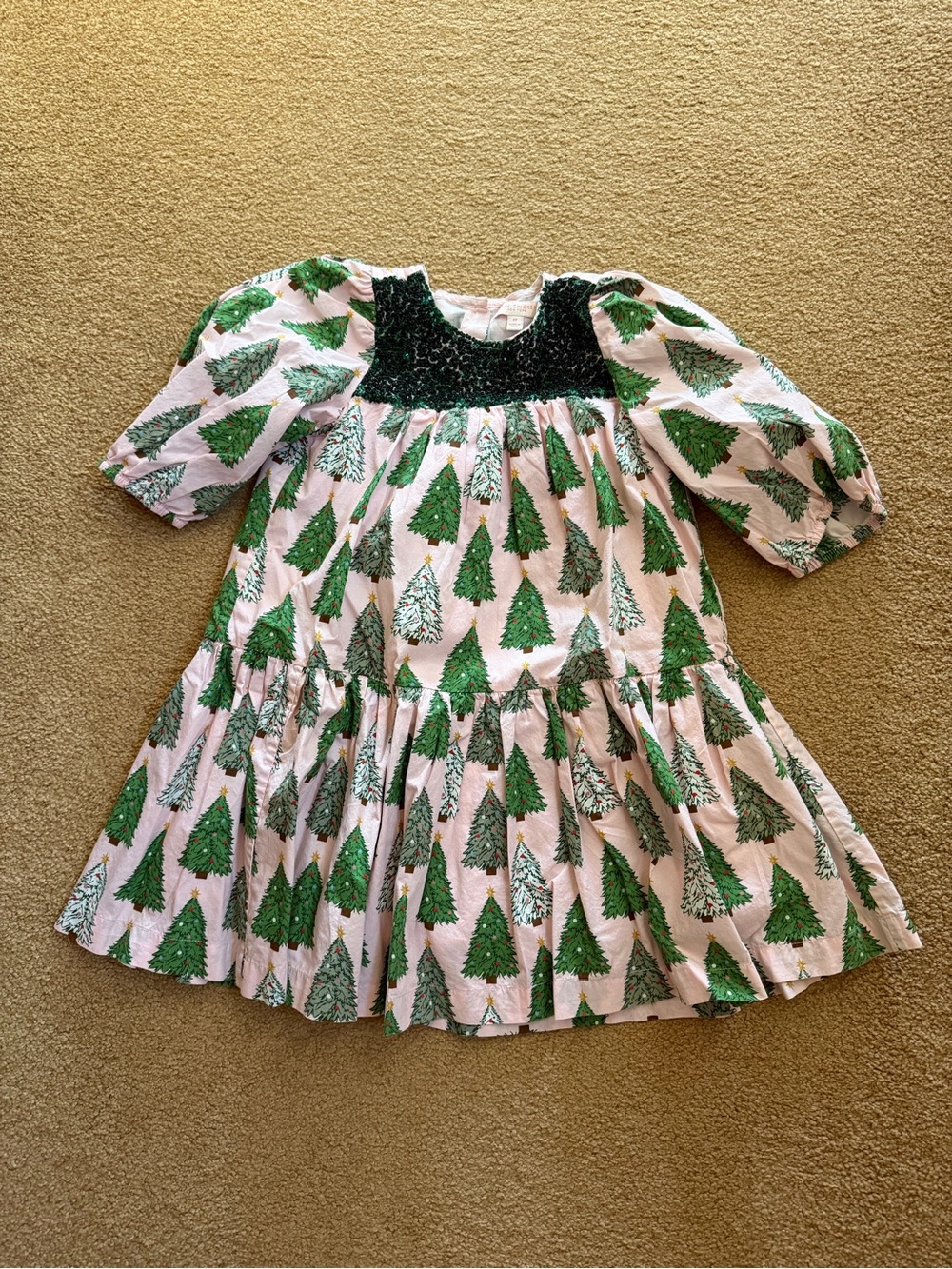 Pink Chicken Pink Dress with Green Tree Print and Dark Green Sequin Smocked Yoke